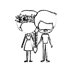 blurred silhouette of caricature faceless thin couple of bearded man and woman in skirt and top braid hairstyle with flower crown and holding hands
