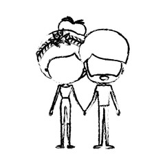 blurred silhouette of caricature faceless thin couple of bearded man and woman bun collected hairstyle with flower crown and holding hands