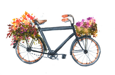 Fototapeta na wymiar Black bicycle with colorful flower, bike art, watercolor painting, can be used for home decortae