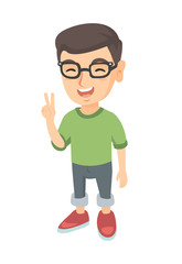 Caucasian boy in glasses showing victory gesture. Little boy showing victory sign with two fingers. Vector sketch cartoon illustration isolated on white background.