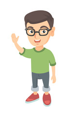 Caucasian little boy waving his hand. Cheerful boy in glasses making greeting gesture - waving hand. Vector sketch cartoon illustration isolated on white background.