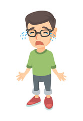 Sad caucasian boy in glasses sobbing. Full length of desperate little boy crying with mouth wide open. Vector sketch cartoon illustration isolated on white background.