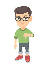 Disappointed caucasian boy with thumb down. Full length of angry boy showing his disagree by thumb down. Vector sketch cartoon illustration isolated on white background.