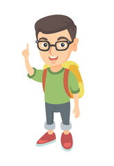 Cheerful caucasian boy pointing his forefinger up. Full length of happy smiling boy in glasses pointing forefinger up. Vector sketch cartoon illustration isolated on white background.