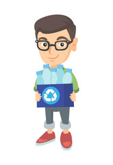 Caucasian boy holding recycling bin full of plastic bottles. Boy carrying recycling bin with plastic bottles. Plastic recycling concept. Vector sketch cartoon illustration isolated on white background