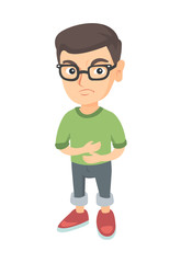 Caucasian sad boy having stomach ache. Little boy touching his belly and suffering from stomach ache. Boy having problems with stomach. Vector sketch cartoon illustration isolated on white background.