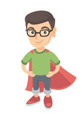 Caucasian brave boy wearing superhero costume. Cheerful superhero boy in red cloak standing with hands on his waist. Vector sketch cartoon illustration isolated on white background.