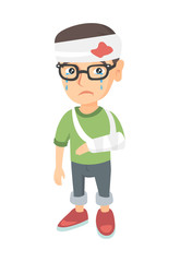 Caucasian injured boy with broken arm and bandaged head. Crying little boy having head and arm injury. Vector sketch cartoon illustration isolated on white background.