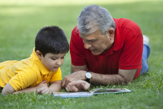Grandfather and grandson reading a book in a park