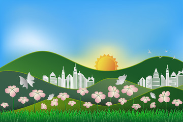 Landscape with nature and building,concept of save the earth and world environment day