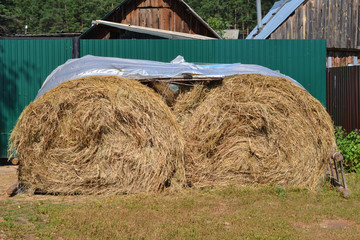 Haystack, covered plastic sheeting - agriculture farm at summer village