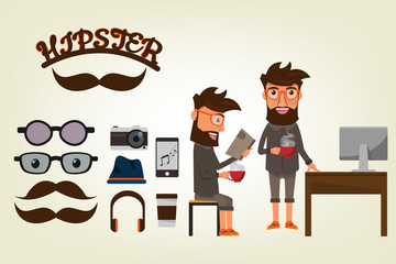 Happy Hipster style Character with bearded man and accessories for hipster. set collection vector illustration.