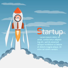 Rocket creative start up at day concept, Art launch rocket with sky space, Project startup, launching new innovation product, creative start, vector illustration.