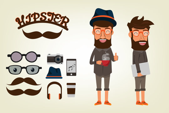 Happy Hipster style Character with bearded man and accessories for hipster. set collection vector illustration.