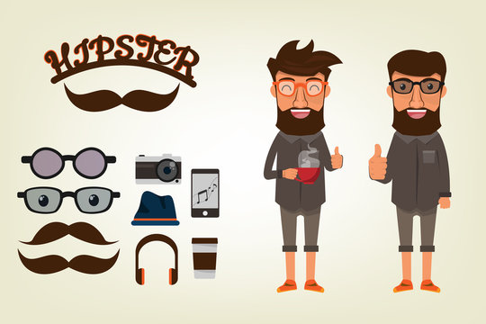 Happy Hipster style Character with bearded man and accessories for hipster. set collection vector illustration.