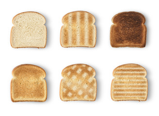Set of six slices toast bread isolated on white background - obrazy, fototapety, plakaty