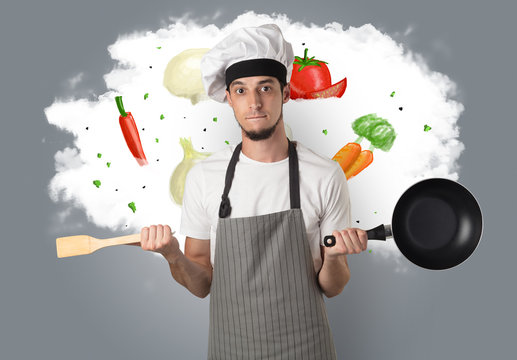 Vegetables on cloud with male cook