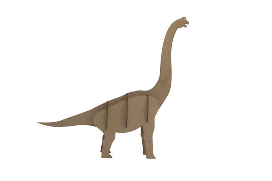diplodocus made out of cardboard. paper dinosaur toy isolated on white background