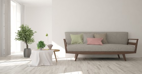 Inspiration of white minimalist room with sofa. Scandinavian interior design. 3D illustration