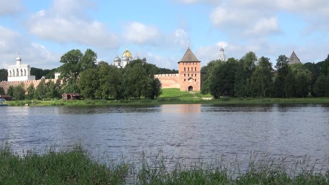 View on the Vladimir tower, cloud august morning. The Kremlin of Veliky Novgorod, Russia