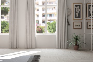 Inspiration of white empty room with summer landscape in window. Scandinavian interior design. 3D illustration