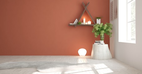White empty room with table. Scandinavian interior design. 3D illustration