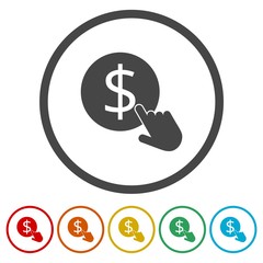 Hand Click icons set. Currency exchange sign. Dollar coin 