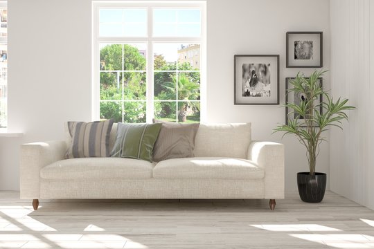 Idea of white room with sofa and summer landscape in window. Scandinavian interior design. 3D illustration