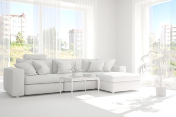 White room with sofa and green landscape in window. Scandinavian interior design. 3D illustration