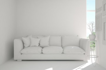 Idea of white room with sofa. Scandinavian interior design. 3D illustration