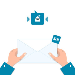 Envelope in hands. Receive mail, email concept. New incoming message, sms. Mail delivery service. 