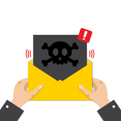 Email spam message concept. Internet hacking message, open envelope with black skull bones on paper in hands.