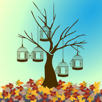 tree silhouette with bird cage isolated on sunset maple fall leaves background.vector illustrator.