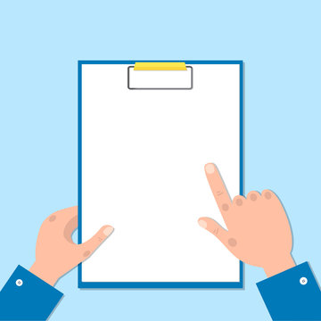 Blank clipboard in businessman hands. Man points finger area for text. 