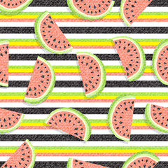 Watermelon abstract background. Pattern of juicy slices of watermelon and horizontal stripes. With texture of denim fabric, material. Concept of Hello Summer. Fruit background, vector illustration