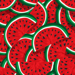 Seamless pattern of juicy slices of red watermelon. Watermelon abstract background. Concept of Hello Summer. Fruit vector illustration