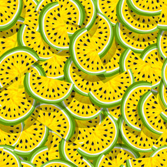 Seamless pattern of juicy slices of yellow watermelon. Watermelon abstract background. Concept of Hello Summer. Fruit vector illustration