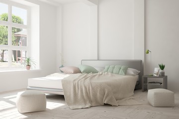 White minimalist bedroom with green landscape in window. Scandinavian interior design. 3D illustration