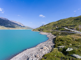 Panoramic view, Lake Bianco on Bernina Pass in Summer