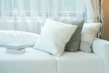 Books and pillows on white couch next to window in living room