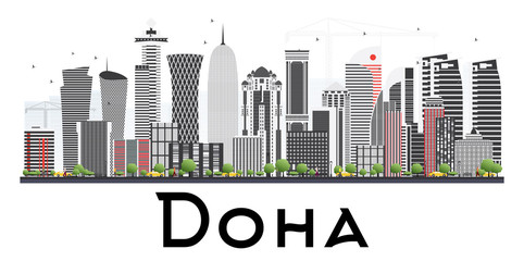 Doha Qatar Skyline with Gray Buildings Isolated on White Background.