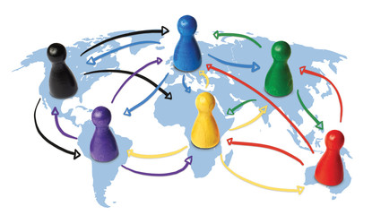 Concept for globalization, global networking, travel or global connection or transportation. Colorful figures with connecting arrows.