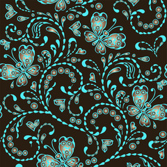 Blue and brown seamless pattern with butterflies and hearts. Decorative ornament backdrop for fabric, textile, wrapping paper, card, invitation, wallpaper, web design.