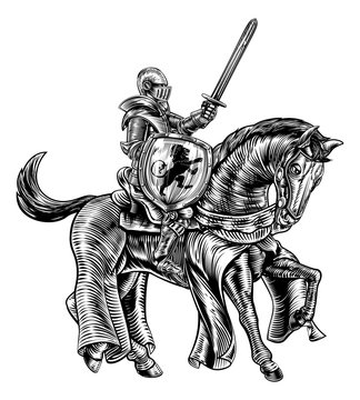 recommend clip art: Medieval Knight Horse Vintage Woodblock Engraving