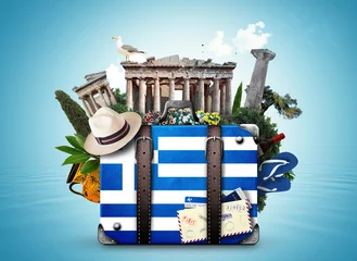 Printed roller blinds Athens Greece, vintage suitcase with Greece landmarks