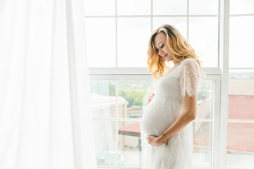 Beautiful adult pregnant woman. Waiting for the baby. Pregnancy. Care, tenderness, motherhood, childbirth.