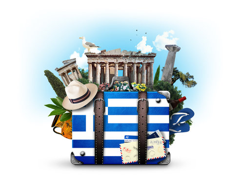 Greece, vintage suitcase with Greece landmarks