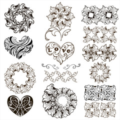 Set of decorative hearts, floral design elements, borders isolated on white background
