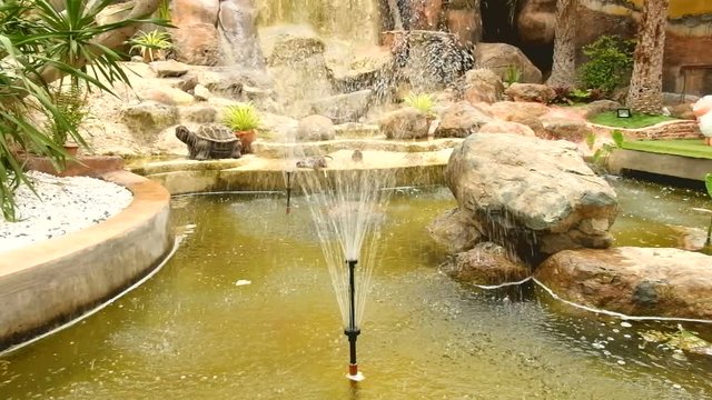 The fountain in the garden. Splashing water from a fountain in the garden.