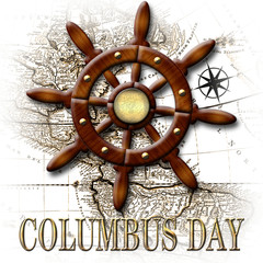 Happy Columbus Day, 3D, Nautical classic wood ship rudder, banner with golden accents. Wood style and old map as background.